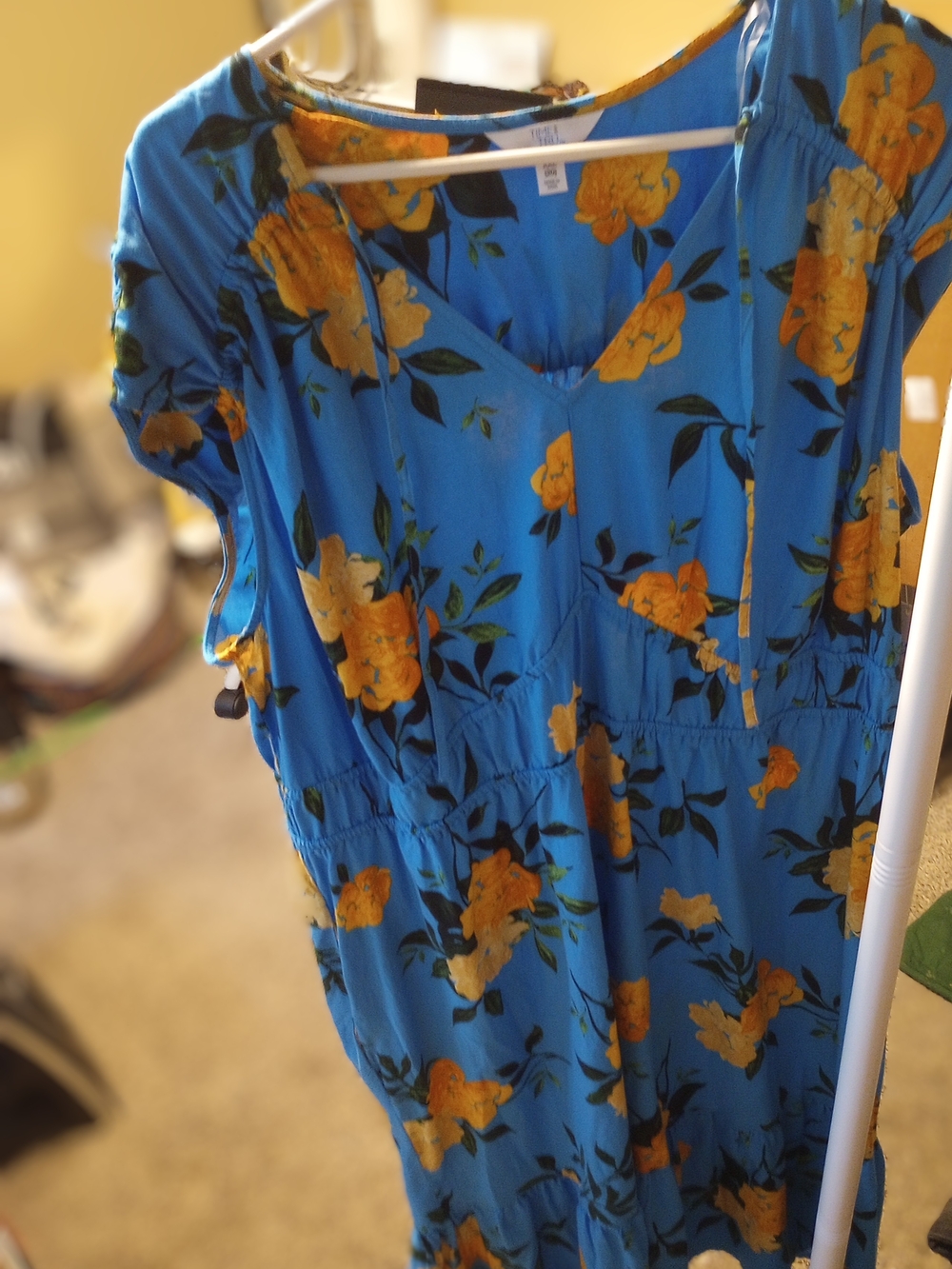 Time and Tru Blue Midi Dress with Yellow Floral Print